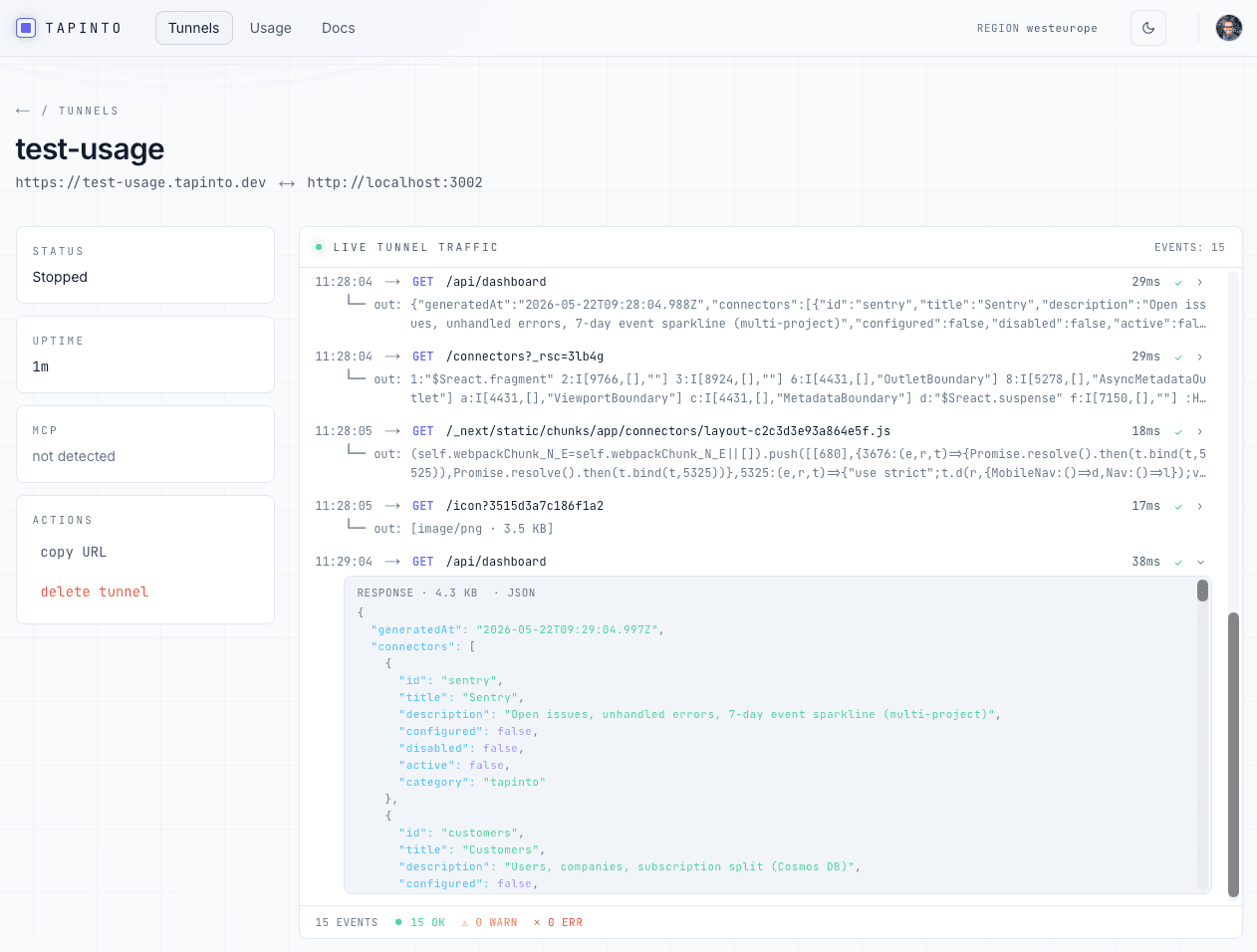 Tapinto live inspector showing pretty-printed JSON-RPC responses, per-event timings, and tunnel status sidebar